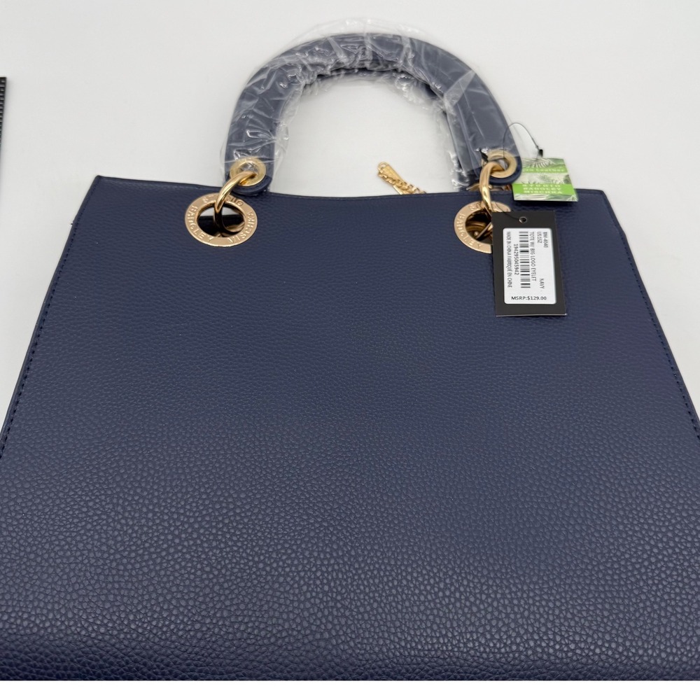 Studio Badgley Mischka Navy Vegan Leather Satchel Bag‎ Top Handle Charm $129